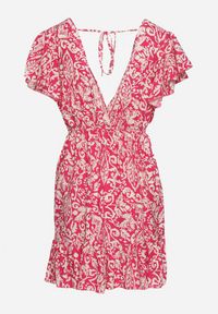 Born2be - Fuksjowa Rozkloszowana Bawełniana Sukienka z Gumką w Talii i Falbanami Nelsea. Okazja: na co dzień, na randkę. Typ kołnierza: dekolt w kształcie V. Kolor: różowy. Materiał: bawełna. Długość rękawa: krótki rękaw. Typ sukienki: rozkloszowane. Styl: casual, wizytowy #5