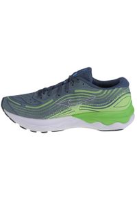 Buty do biegania męskie Mizuno Wave Skyrise 4. Zapięcie: sznurówki. Kolor: zielony, szary, wielokolorowy, niebieski. Materiał: tkanina, materiał, guma, syntetyk. Szerokość cholewki: normalna. Model: Mizuno Wave