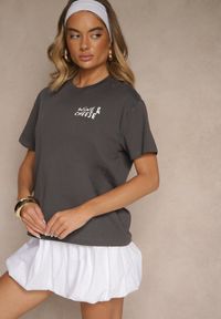 Renee - Ciemnoszary T-shirt z Bawełny z Nadrukiem Adferia. Okazja: na co dzień. Kolor: szary. Materiał: bawełna. Wzór: nadruk. Styl: klasyczny, elegancki, casual #5