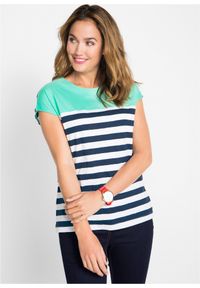 bonprix - Shirt z przędzy mieszankowej, krótki rękaw. Kolor: zielony. Długość rękawa: krótki rękaw. Długość: krótkie. Wzór: paski. Styl: elegancki #1