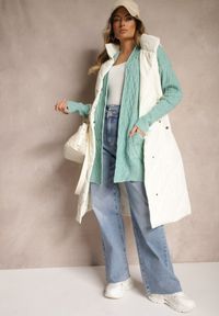 Renee - Miętowy Kardigan Nierozpinany o Długim Kroju Ozdobiony Tłoczeniem Vailithe. Okazja: na spacer, na co dzień. Kolor: miętowy. Materiał: jeans. Długość: długie. Wzór: aplikacja. Styl: casual, elegancki #3