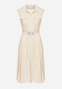 Born2be - Beżowa Koszulowa Sukienka z Wiskozy z Bawełną Ozdobiona Paskiem Rivebia. Okazja: na co dzień. Kolor: beżowy. Materiał: bawełna, wiskoza. Wzór: aplikacja. Typ sukienki: koszulowe. Styl: casual, elegancki #6