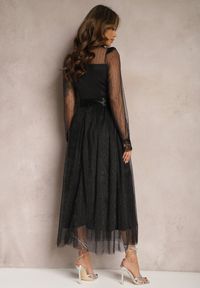 Renee - Czarna Siateczkowa Sukienka Maxi o Rozkloszowanym Kroju z Ozdobną Koronką Narile. Kolor: czarny. Materiał: koronka. Wzór: koronka. Styl: elegancki. Długość: maxi #5
