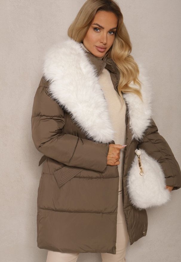 Renee - Zielona Kurtka Ozdobiona Pikowaniem Odpinanym Kołnierzem z Futerkiem i Paskiem Edanora. Okazja: na co dzień. Kolor: zielony. Materiał: futro. Wzór: aplikacja. Sezon: zima, jesień. Styl: casual, elegancki