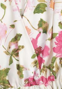 Renee - Beżowo-Różowa Kopertowa Rozkloszowana Sukienka z Falbaną i Gumką w Pasie Przewiązana Paskiem Iratia. Typ kołnierza: dekolt kopertowy. Kolor: beżowy. Długość rękawa: krótki rękaw. Sezon: lato. Typ sukienki: kopertowe. Styl: elegancki, wizytowy #2