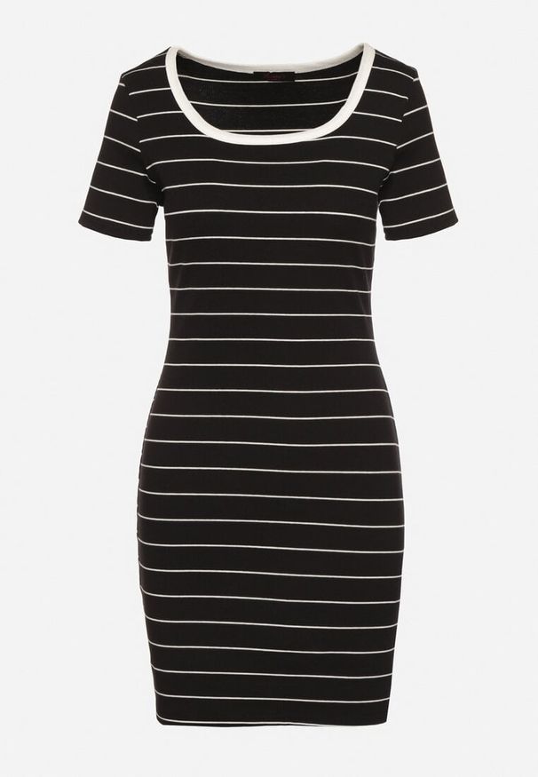 Born2be - Czarna Bawełniana Sukienka w Paski o Dopasowanym Kroju Tiamirene. Okazja: na co dzień. Kolor: czarny. Materiał: bawełna. Wzór: paski. Typ sukienki: proste. Styl: casual, klasyczny