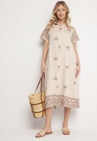 Born2be - Beżowa Pudełkowa Sukienka z Wiskozą o Koszulowym Kroju Zdobiona Haftem Sanori. Okazja: na co dzień. Kolor: beżowy. Materiał: wiskoza. Długość rękawa: krótki rękaw. Wzór: aplikacja, haft. Typ sukienki: koszulowe. Styl: casual, klasyczny #1