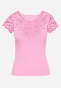 Born2be - Różowy T-shirt z Koronkową Wstawką z Prążkowanego Materiału Celalilena. Okazja: na spotkanie biznesowe, na co dzień. Kolor: różowy. Materiał: materiał, prążkowany, koronka. Styl: klasyczny, casual, elegancki, biznesowy #7