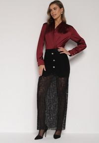 Born2be - Czarna Dzianinowa Spódnica z Wiskozą Zdobiona Koronką i Guzikami Sewora. Okazja: na co dzień. Kolor: czarny. Materiał: koronka, wiskoza, dzianina. Wzór: koronka, aplikacja. Styl: klasyczny, casual #2