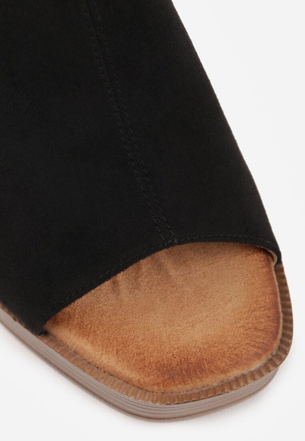 Renee - Czarne Sandały VICES na Słupku i Platformie Stylizowanych na Drewniane Lobenti. Zapięcie: sprzączka. Kolor: czarny. Materiał: jeans. Sezon: lato. Obcas: na platformie