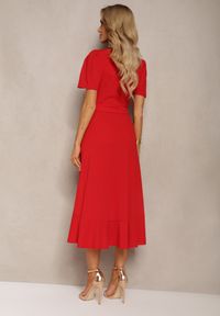 Renee - Czerwona Kopertowa Sukienka z Falbanką Caronia. Okazja: na spotkanie biznesowe. Kolor: czerwony. Typ sukienki: kopertowe. Styl: biznesowy, elegancki #5