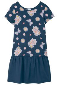 bonprix - Sukienka shirtowa dziewczęca z bawełny organicznej. Kolor: niebieski. Materiał: bawełna. Długość rękawa: krótki rękaw. Wzór: gładki, kwiaty, nadruk #1