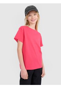 4f - T-shirt oversize gładki dziewczęcy - różowy. Okazja: na co dzień. Kolor: różowy. Materiał: bawełna, jersey, dzianina. Wzór: gładki. Styl: sportowy, casual, klasyczny