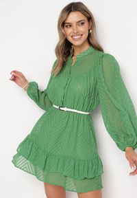 Born2be - Zielona Rozkloszowana Sukienka Mini z Bufiastymi Rękawami i Falbanką Illathi. Kolor: zielony. Materiał: materiał. Wzór: aplikacja. Długość: mini #4