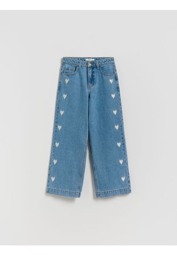 Reserved - Jeansy wide leg z haftem - niebieski. Kolor: niebieski. Wzór: haft