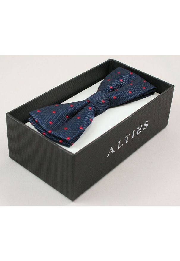 Elegancka Mucha Męska - Alties - Granat w Drobny, Czerwony Groszek. Kolor: niebieski. Wzór: grochy. Styl: elegancki