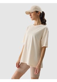 4f - 4F T-shirt oversize gładki damski - kremowy L. Okazja: na co dzień. Kolor: beżowy. Materiał: bawełna, jersey, dzianina. Wzór: gładki. Sezon: lato. Styl: sportowy, klasyczny, casual