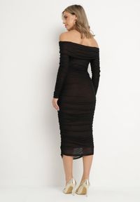 Born2be - Czarno-Brązowa Marszczona Sukienka Siateczkowa Hiszpanka z Wywiniętym Dekoltem Tinaveris. Typ kołnierza: dekolt hiszpanka. Kolor: czarny. Długość rękawa: długi rękaw. Sezon: lato. Styl: klasyczny, elegancki #4