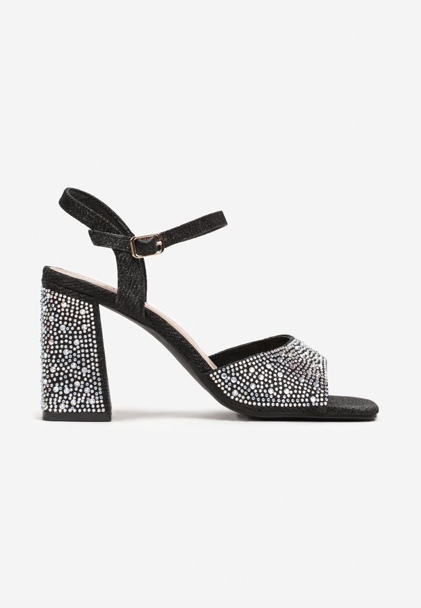 Renee - Czarne Brokatowe Sandały na Słupku Zylane. Kolor: czarny. Obcas: na słupku. Styl: glamour