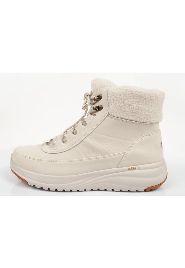 skechers - Buty zimowe damskie Skechers wodoodporne. Kolor: beżowy. Materiał: skóra, nubuk, materiał, syntetyk, futro. Szerokość cholewki: normalna. Sezon: zima