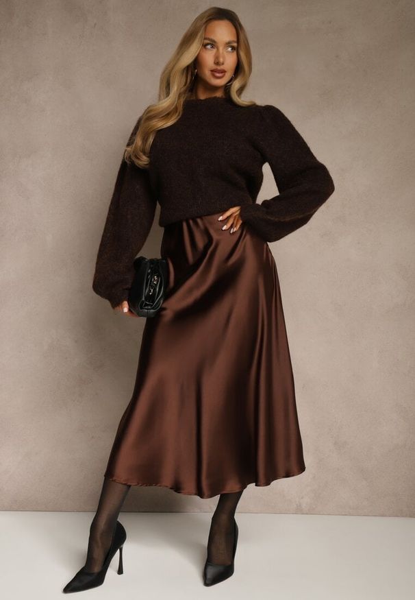 Renee - Brązowa Satynowa Midi Spódnica Rozkloszowana z Gumką w Pasie i Suwakiem Leose. Kolor: brązowy. Materiał: satyna