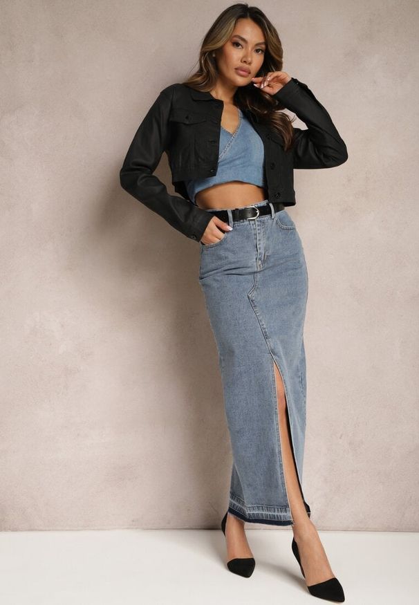 Renee - Granatowa Ołówkowa Spódnica Jeansowa z Ozdobnym Rozcięciem Lefrana. Kolor: niebieski. Materiał: jeans. Styl: elegancki