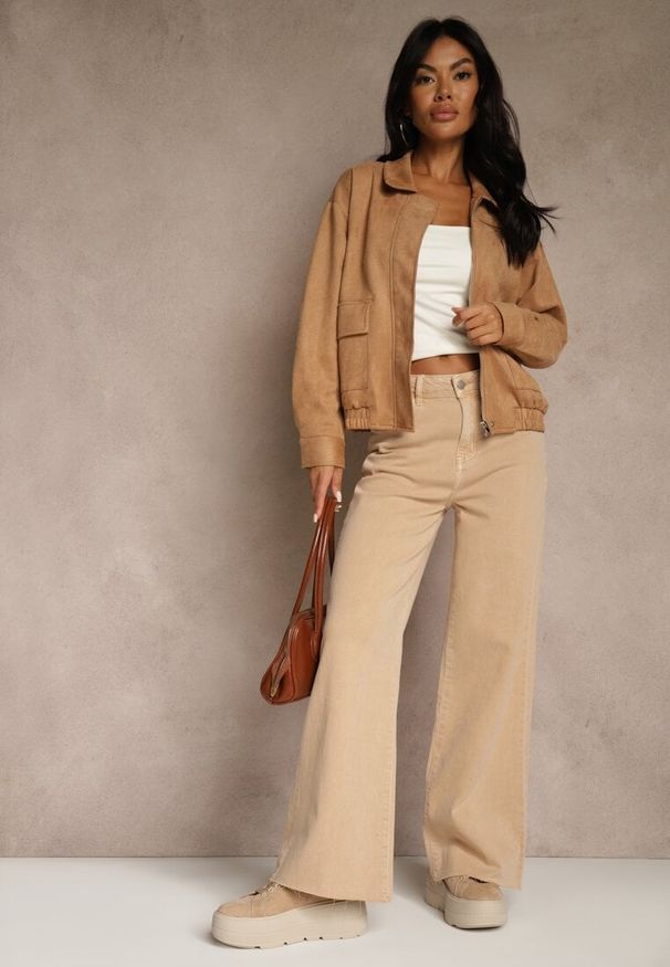 Renee - Beżowe Jeansy High Waist Wide Leg z Surowo Zakończonymi Nogawkami Rhelnell. Okazja: na co dzień. Stan: podwyższony. Kolor: beżowy. Styl: casual