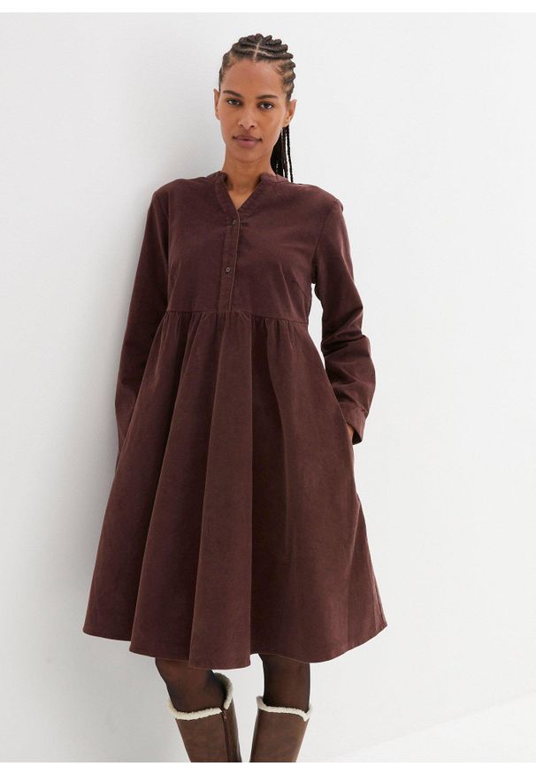 bonprix - Sukienka ze sztruksu z bawełny. Typ kołnierza: dekolt w serek. Kolor: brązowy. Materiał: bawełna, sztruks. Długość: midi