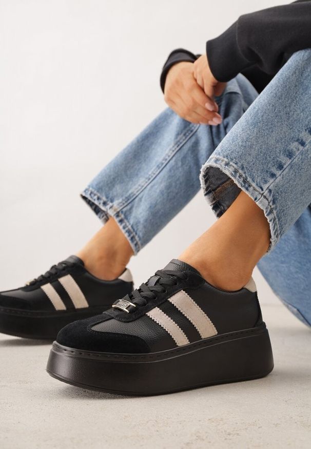 Renee - Czarno-Beżowe Sneakersy na Platformie ze Skóry Naturalnej Ozdobione Paskami Sovimi. Okazja: na co dzień. Zapięcie: pasek. Kolor: czarny. Materiał: skóra. Wzór: aplikacja. Obcas: na platformie