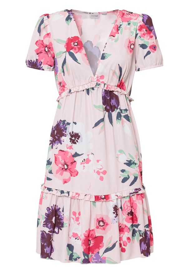 Sukienka z rękawami bufkami i falbanami bonprix pastelowy jasnoróżowy w kwiaty. Kolor: różowy. Wzór: kwiaty. Sezon: lato