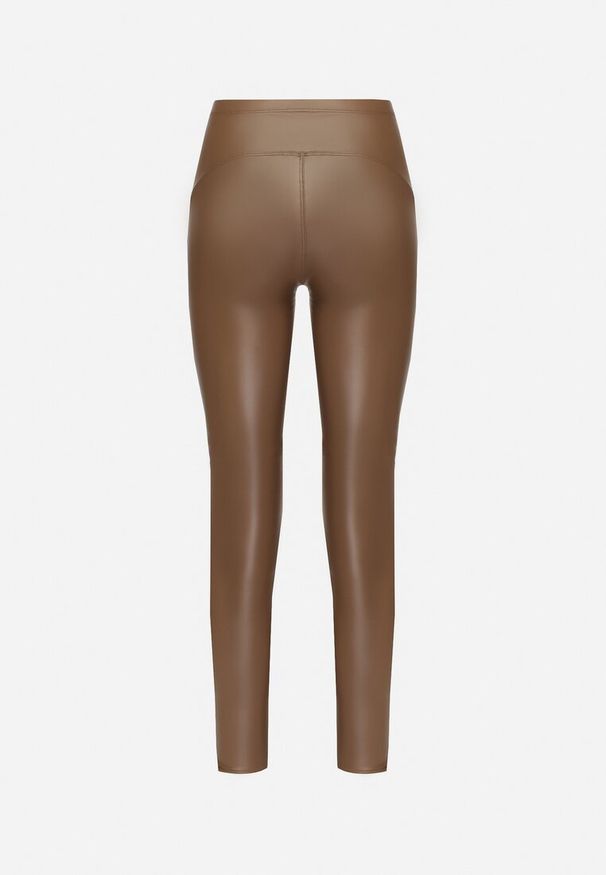 Born2be - Ciemnobeżowe Legginsy z Ekoskóry z Wysokim Stanem i Polarem Labrine. Stan: podwyższony. Kolor: beżowy. Materiał: polar. Długość: do kostek. Styl: elegancki, klasyczny