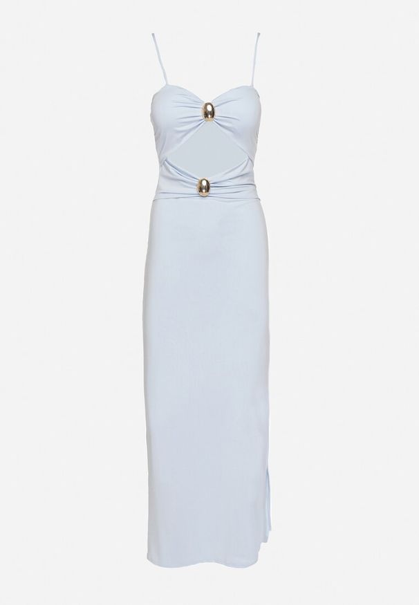 Born2be - Jasnoniebieska Sukienka Dopasowana na Ramiączkach z Wycięciami pod Biustem i Metalowymi Detalami Galentia. Okazja: na co dzień. Kolor: niebieski. Długość rękawa: na ramiączkach. Styl: casual, klasyczny