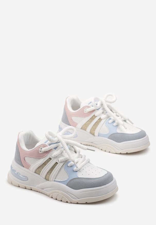Renee - Biało-Niebieskie Sneakersy na Grubej Podeszwie z Brokatem Lenema. Okazja: na co dzień. Kolor: biały