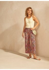 bonprix - Szerokie spodnie culotte z dżerseju z szerokim paskiem przeszytym cienkimi gumkami, dł. 7/8. Kolor: czarny. Materiał: jersey. Wzór: nadruk