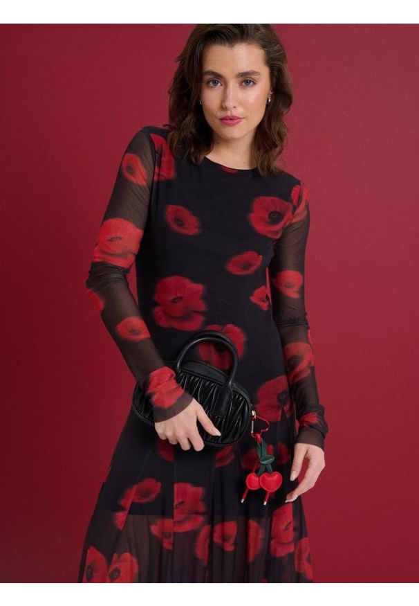 Sinsay - Tiulowa sukienka maxi ze wzorem kwiatowym - czarny. Kolor: czarny. Materiał: tiul. Wzór: kwiaty. Długość: maxi