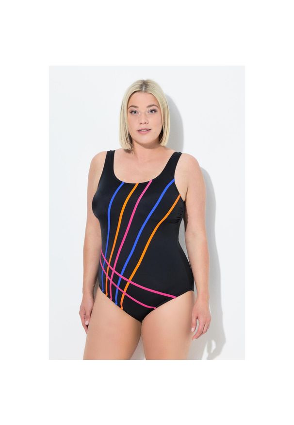ULLA POPKEN - Damski Strój kąpielowy paski bez miękkich miseczek okrągły dekolt. Kolekcja: plus size. Kolor: czarny. Materiał: poliamid, poliester, materiał, elastan. Wzór: paski
