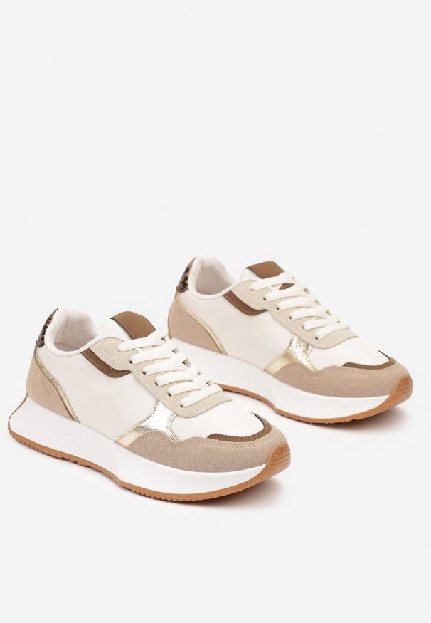 Born2be - Beżowo-Brązowe Płaskie Sneakersy z Metalicznymi Wstawkami Nevlianae. Nosek buta: okrągły. Kolor: beżowy, brązowy. Materiał: materiał. Obcas: na obcasie. Wysokość obcasa: niski