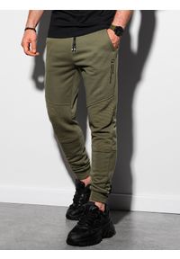 Ombre Clothing - Spodnie męskie dresowe P954 - ciemnooliwkowe - XXL. Kolor: szary. Materiał: dresówka. Wzór: gładki