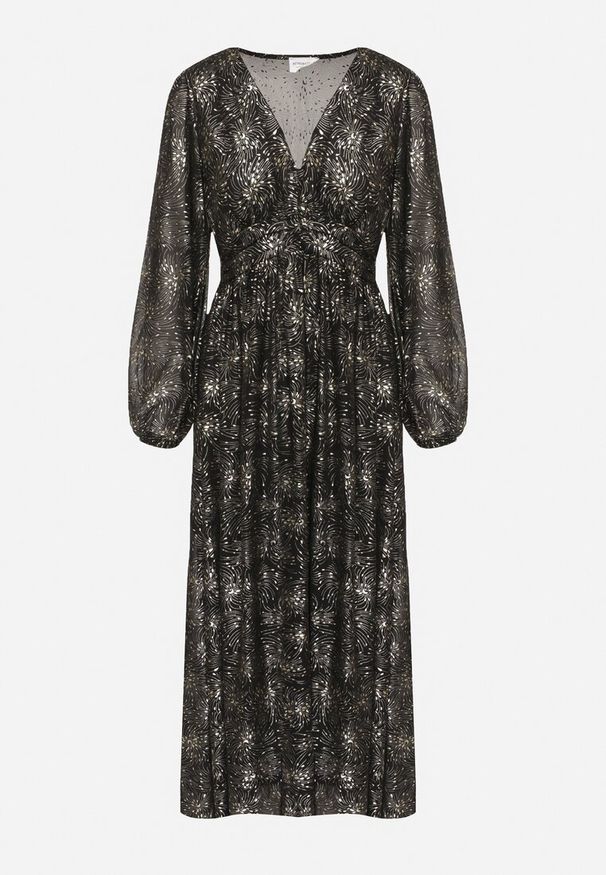 Born2be - Czarna Sukienka o Rozkloszowanym Kroju z Gumką w Talii Zdobiona Metalicznym Nadrukiem Venalenne. Typ kołnierza: dekolt w kształcie V. Kolor: czarny. Materiał: skóra. Wzór: nadruk, aplikacja. Typ sukienki: rozkloszowane. Styl: elegancki