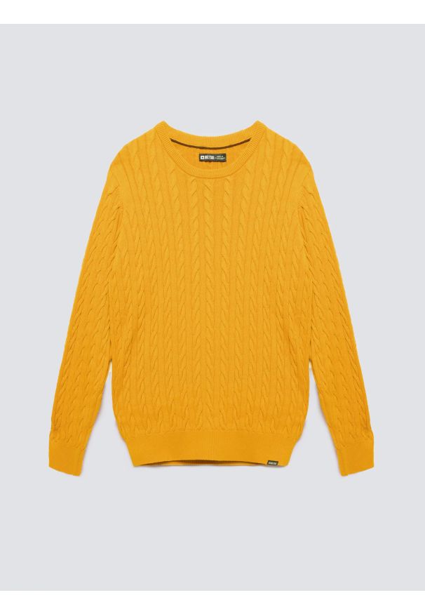 Big-Star - Sweter męski ze splotem warkoczowym żołty Amaris 201. Okazja: na co dzień. Kolor: żółty. Materiał: jeans, dzianina. Wzór: ze splotem. Styl: klasyczny, casual