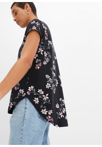 bonprix - Koszulka oversize z mieszanki bawełny. Kolor: czarny. Materiał: bawełna. Wzór: kwiaty #2