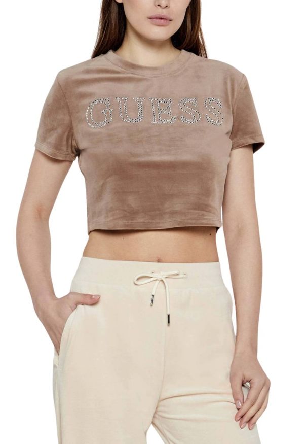 Guess - GUESS Brązowy damski top Couture Tee. Kolor: brązowy