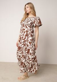 Born2be - Brązowa Rozkloszowana Sukienka z Wiskozy z Bufiastymi Rękawami w Roślinny Wzór Semea. Okazja: na co dzień, do pracy, na spotkanie biznesowe. Kolor: brązowy. Materiał: wiskoza. Sezon: lato. Typ sukienki: rozkloszowane, proste. Styl: casual, biznesowy. Długość: maxi #8