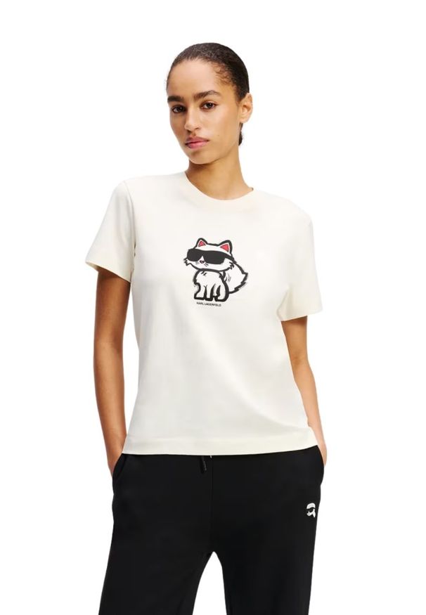 Karl Lagerfeld - KARL LAGERFELD Beżowy damski t-shirt Ikon Sketch Choupette. Kolor: beżowy