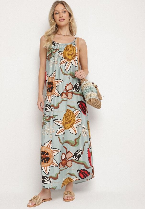 Born2be - Jasnozielona Sukienka z Wiskozą i Lnem w Kwiaty Rinetia. Okazja: na spacer. Kolor: zielony. Materiał: len, wiskoza. Długość rękawa: na ramiączkach. Wzór: kwiaty. Sezon: wiosna. Typ sukienki: sportowe. Styl: sportowy, elegancki