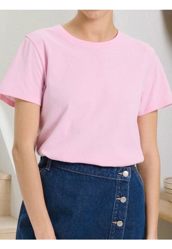 Sinsay - Bawełniana koszulka basic - różowy. Kolor: różowy. Materiał: bawełna