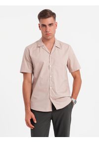 Ombre Clothing - Męska koszula z krótkim rękawem i kubańskim kołnierzem - jasnobrązowa V6 - Rozmiar: XXL. Okazja: na co dzień. Kolor: brązowy. Materiał: tkanina, bawełna. Długość rękawa: krótki rękaw. Długość: krótkie. Wzór: gładki. Sezon: lato. Styl: klasyczny, casual
