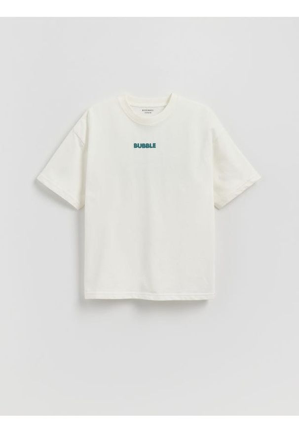 Reserved - Bawełniany t-shirt z nadrukiem - złamana biel. Materiał: bawełna. Wzór: nadruk