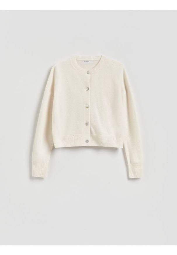 Reserved - Wełniany kardigan - kremowy. Kolor: kremowy. Materiał: wełna