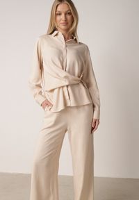 Born2be - Beżowy Wiskozowy Komplet Asymetryczna Koszula i Spodnie z Kieszeniami Moneia. Kolor: beżowy. Materiał: wiskoza #4